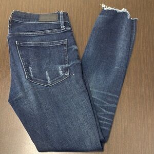 Express Blue Ankle Cropped Jeans with Distressing and Fading